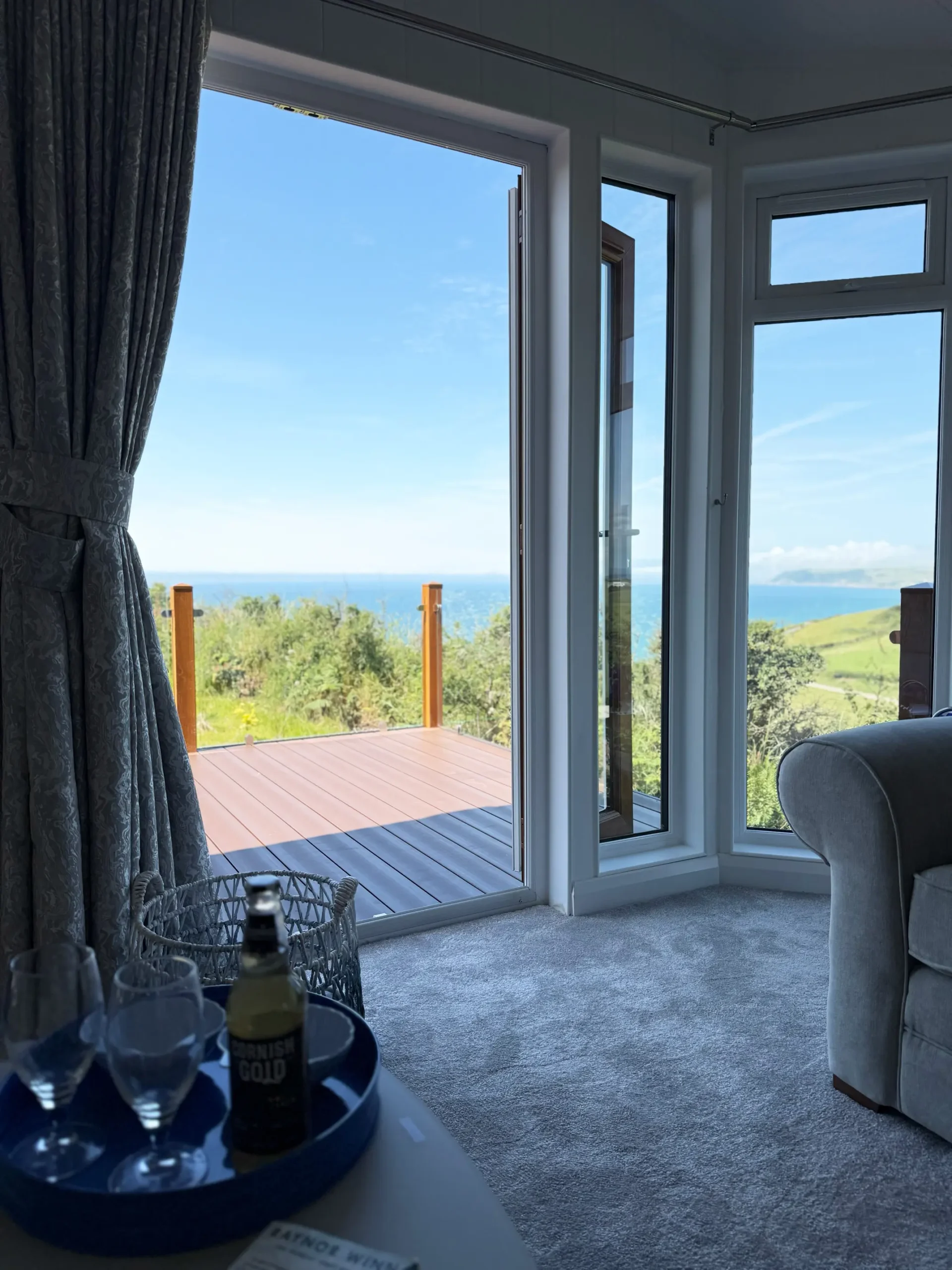 Sea view from a Cornish holiday lodge near Looe